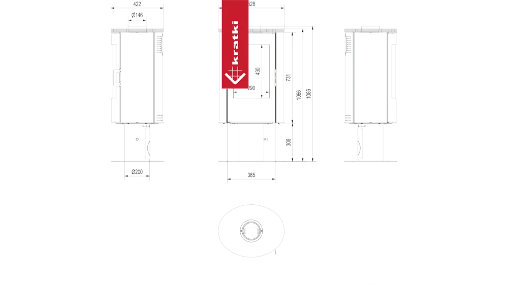 Technische tekening van Kratki AB DR haard met afmetingen en doorsneden.