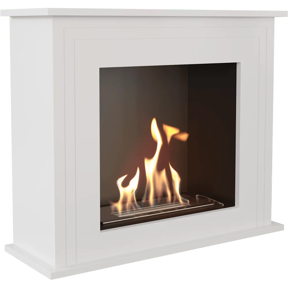 Witte Kratki June TÜV haard met brandende vlammen, modern en stijlvol ontwerp.