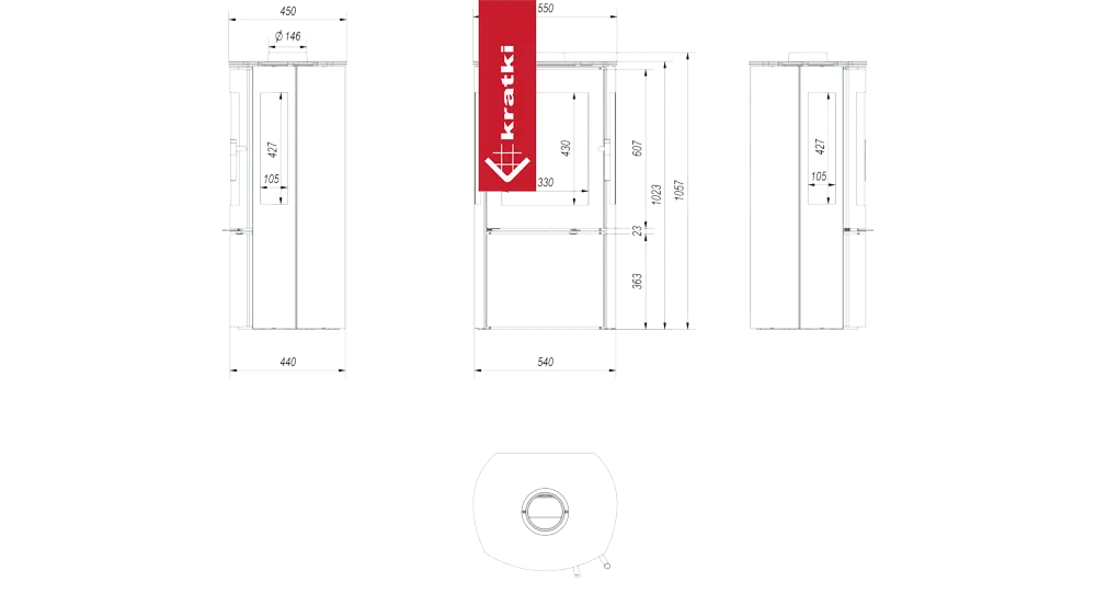 Technische tekening van Kratki Falcon houtkachel met gedetailleerde afmetingen en doorsneden.