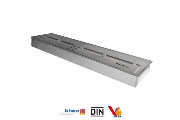 Xaralyn inbouw unit XXL bio-ethanol haard, rechthoekig, roestvrijstalen afwerking, met keurmerken onderaan.