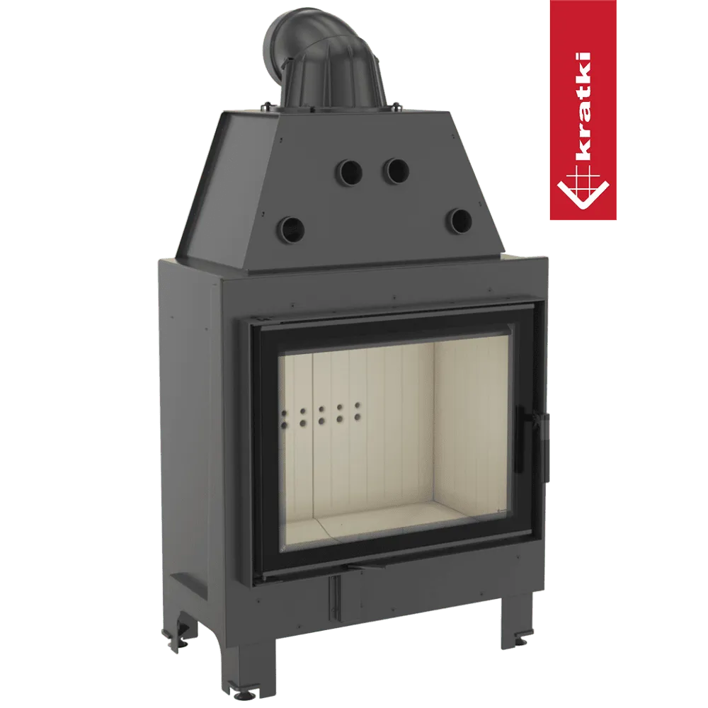 Zwarte Kratki MBA houtkachel met glazen deur en vier ventilatieopeningen bovenaan.