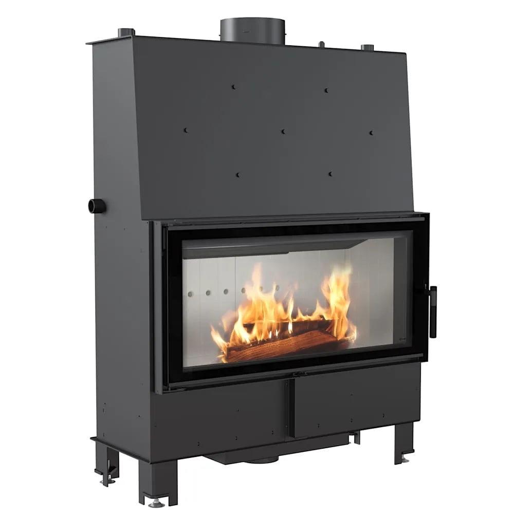 Kratki Lucy CV 20 kW houtkachel met glazen deur en brandend houtvuur.