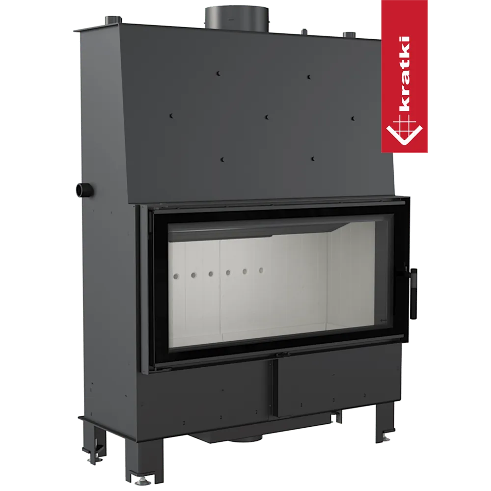Kratki Lucy CV 20 kW, moderne zwarte houtkachel met groot glazen venster en strak ontwerp.
