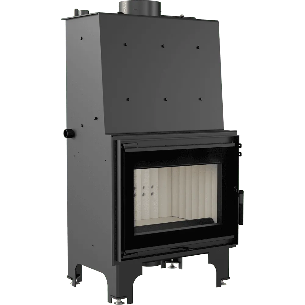 Zwarte Kratki Aquario Z 14 kW houtkachel met glazen deur en metalen behuizing.