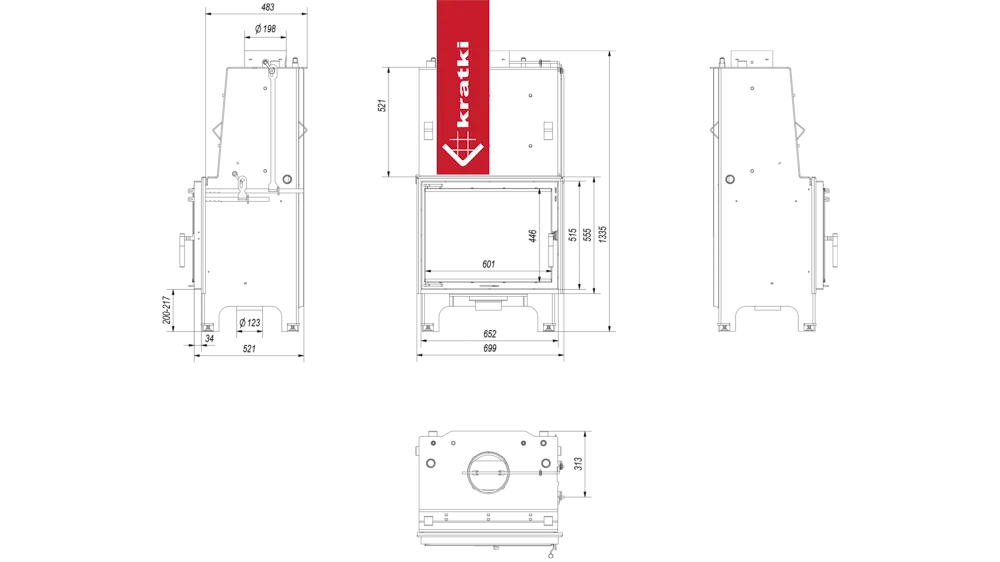 Technische tekening van Kratki Aquario Z 14 kW met afmetingen en zijaanzichten.