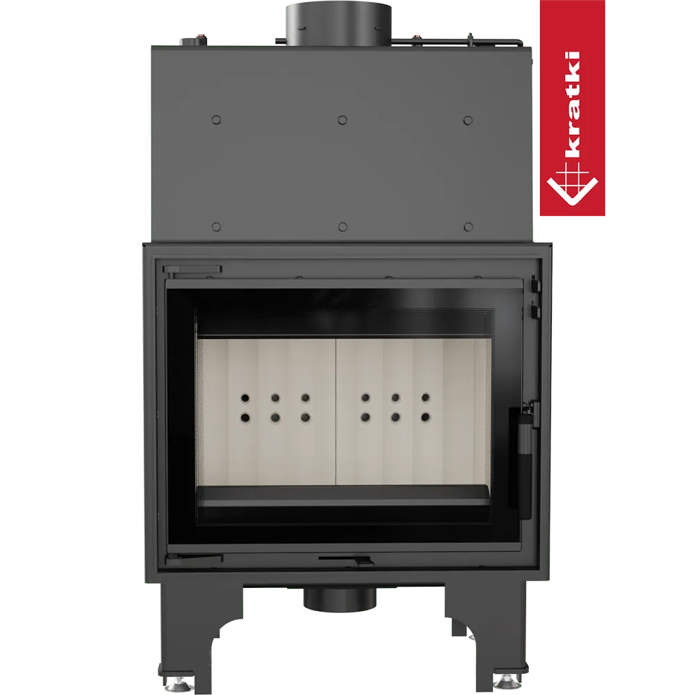 Kratki Aquario M 8 kW houtkachel met glazen deur en zwart metalen frame.