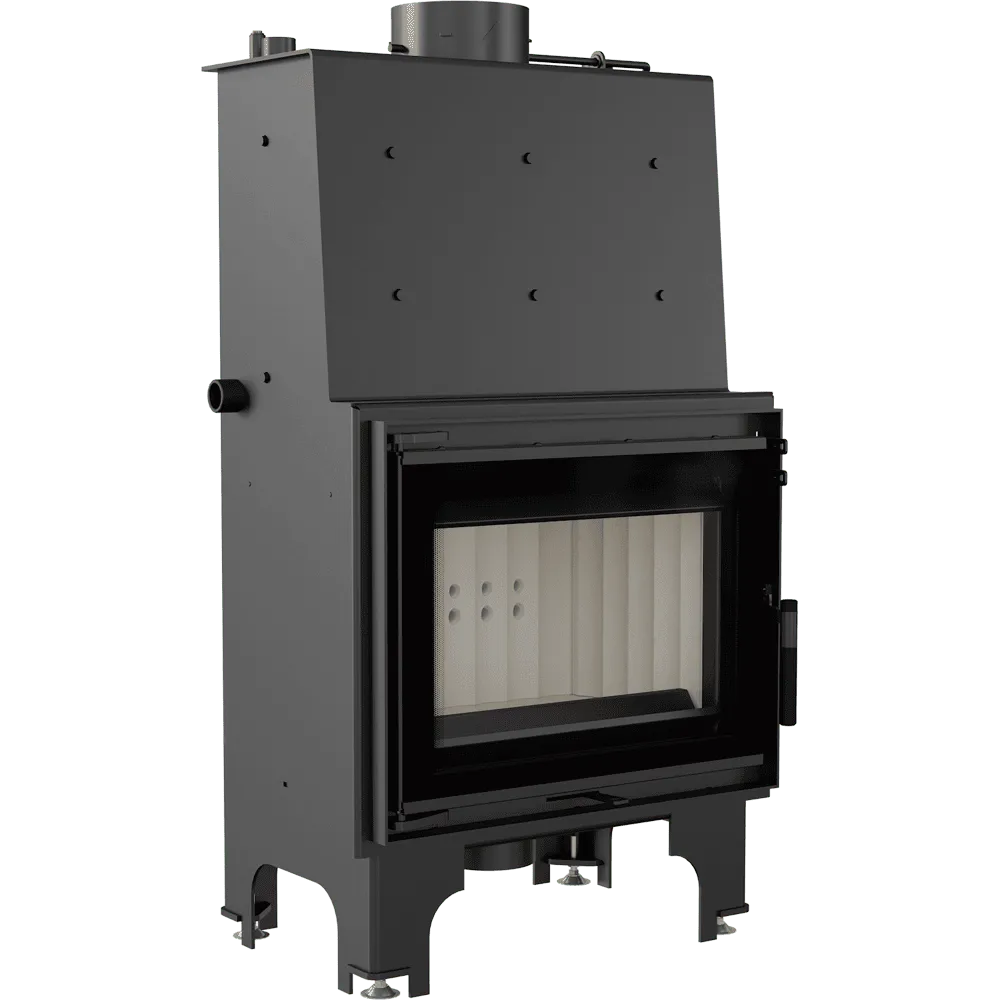 Zwarte Kratki Aquario M 12 kW houtkachel met glazen deur en metalen behuizing.