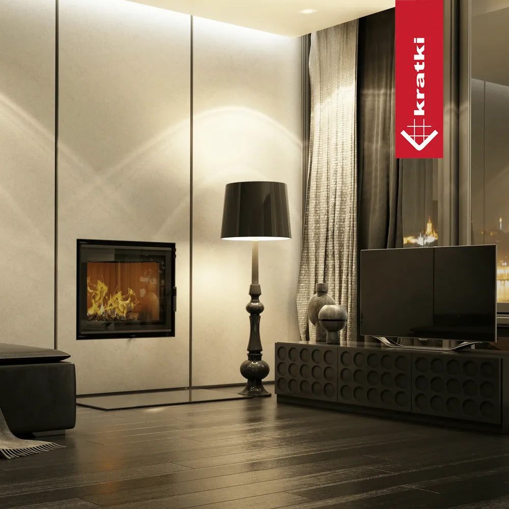 Moderne woonkamer met Kratki Aquario A 18 kW haard, stijlvolle inrichting en sfeerverlichting.