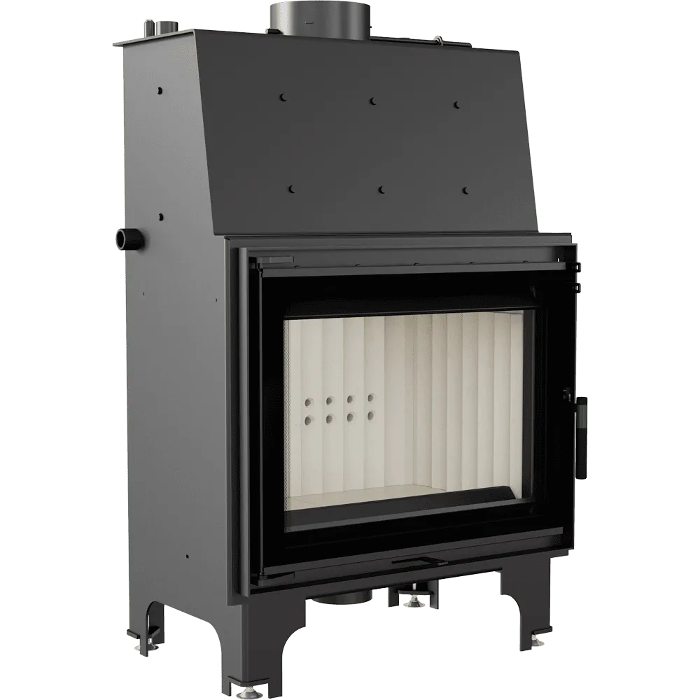 Zwarte houtkachel Kratki Aquario A 14 kW met glazen deur en metalen behuizing.