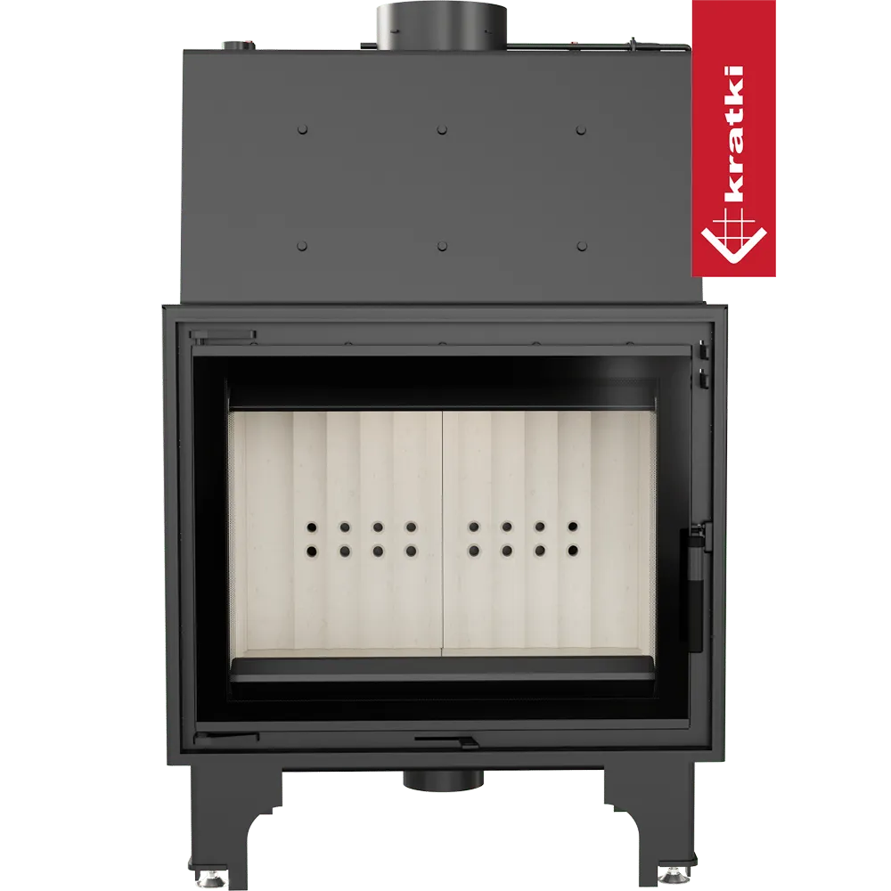 Kratki Aquario A 14 kW houtkachel met glazen deur en zwart metalen frame.