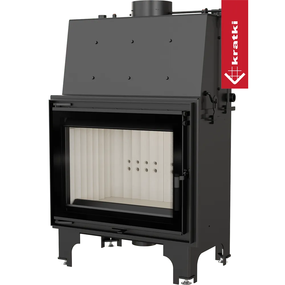 Kratki Aquario A 14 kW houtkachel met glazen deur en zwart metalen behuizing.