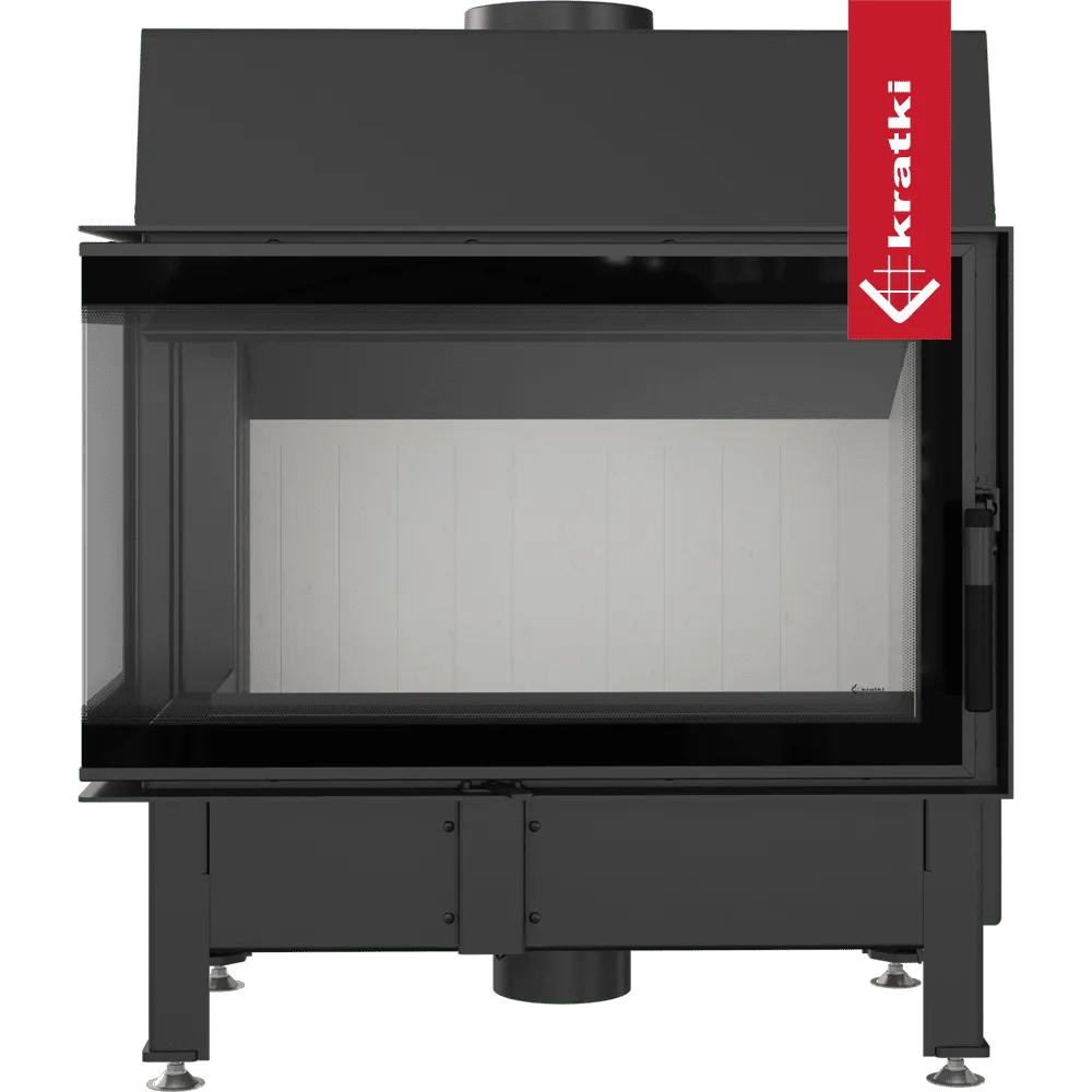 Kratki Zibi Links houtkachel met glazen deur en zwart metalen frame.