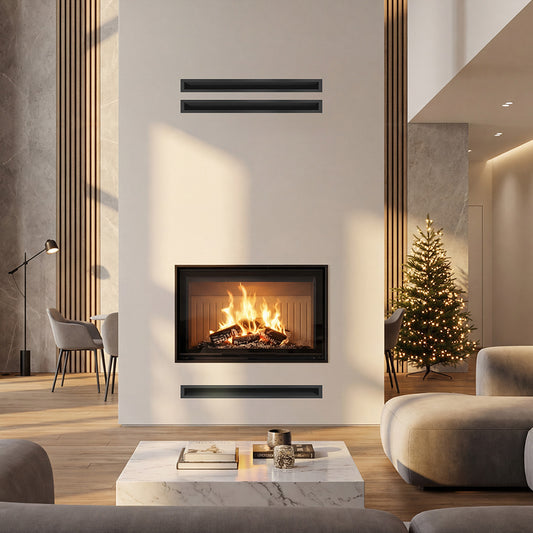 Kratki Zibi Eco in moderne woonkamer met brandende inbouwhaard
