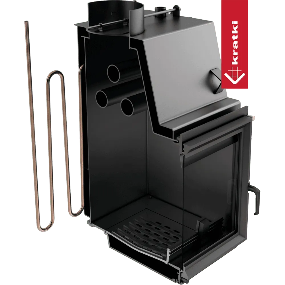 Kratki Zuzia CV houtkachel met glazen deur en metalen buizen voor warmteafgifte.