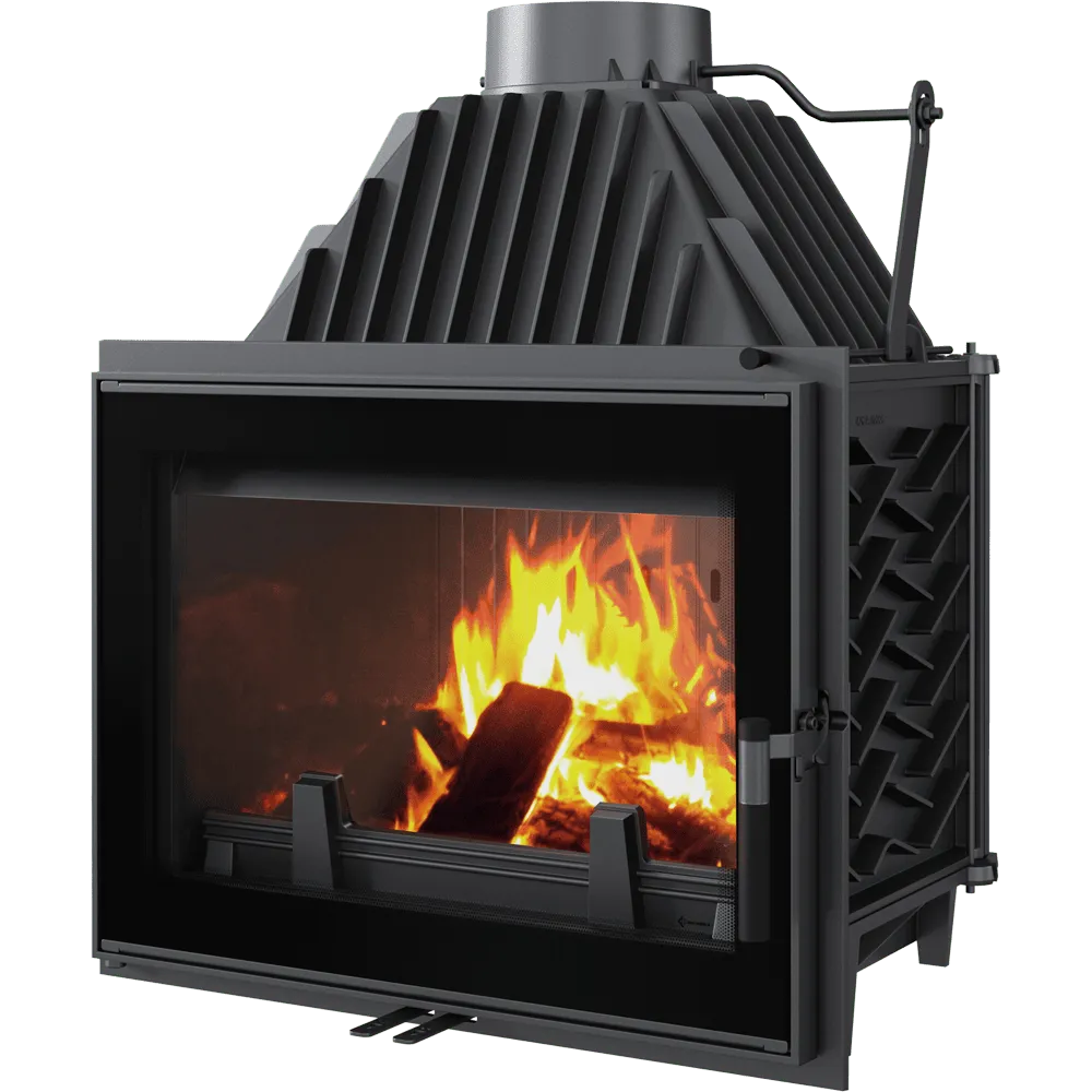 Kratki Zosia houtkachel met brandend vuur, modern ontwerp en glazen deur.