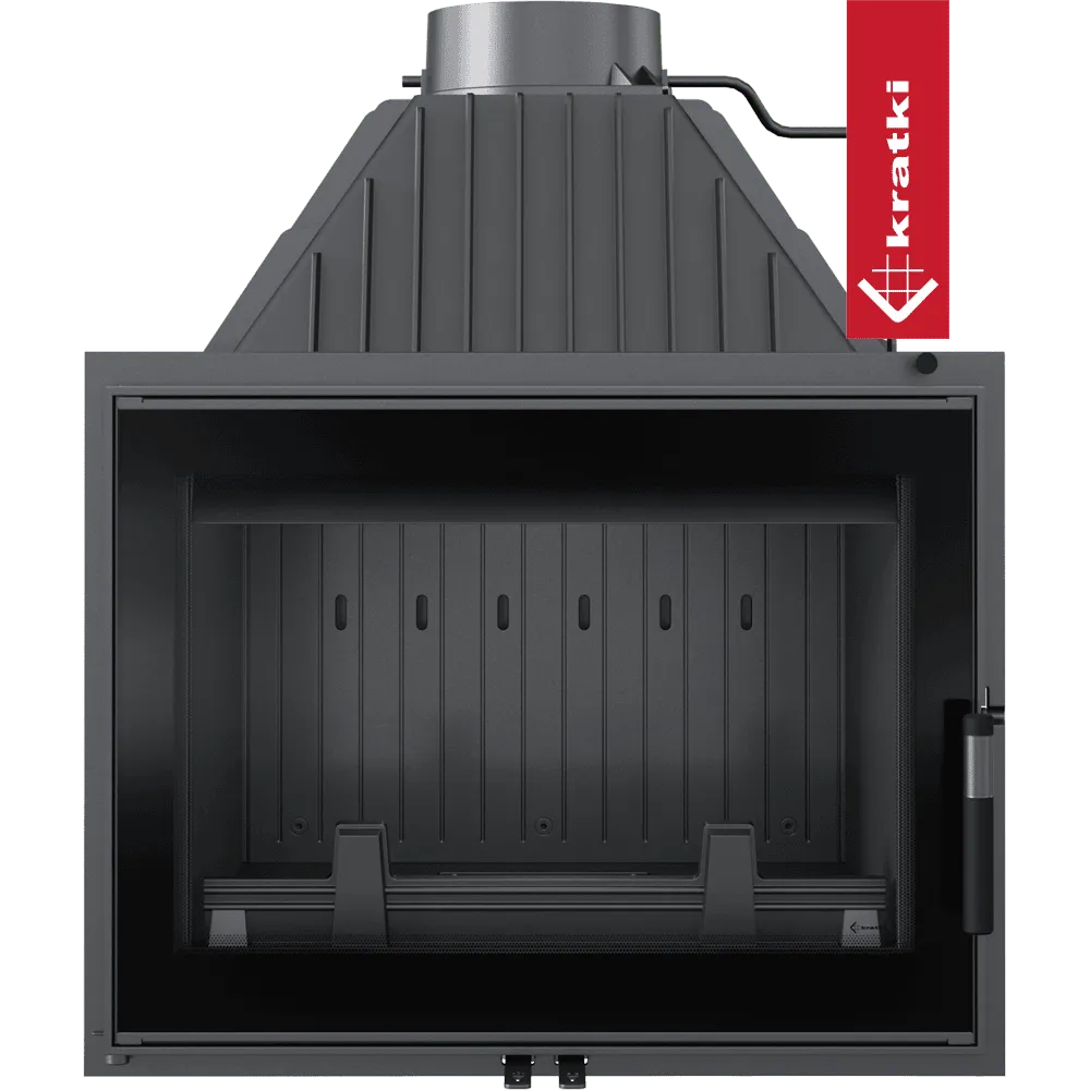 Kratki Zosia houtkachel met een robuust, zwart metalen ontwerp en een grote glazen deur.