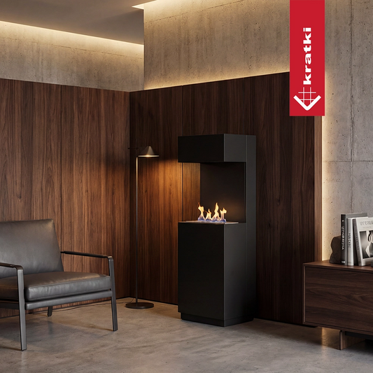 Kratki Sierra designhaard in moderne woonkamer met vlammen