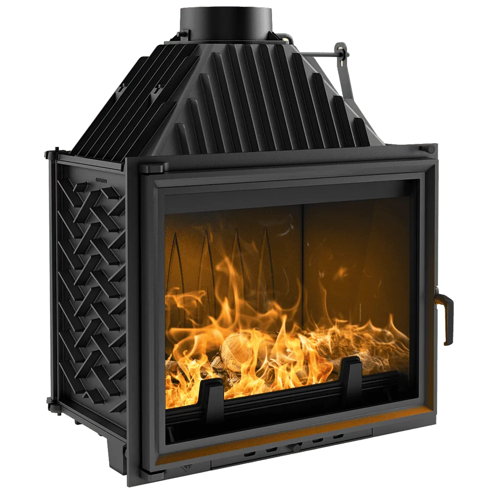 Kratki Amelia houtkachel met glazen deur en zichtbare vlammen, robuust zwart metalen ontwerp.