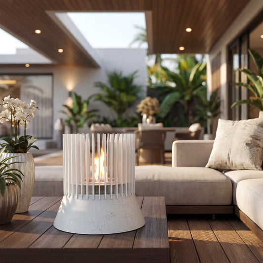 Kratki Ribo buitenhaard op houten tafel in moderne patio