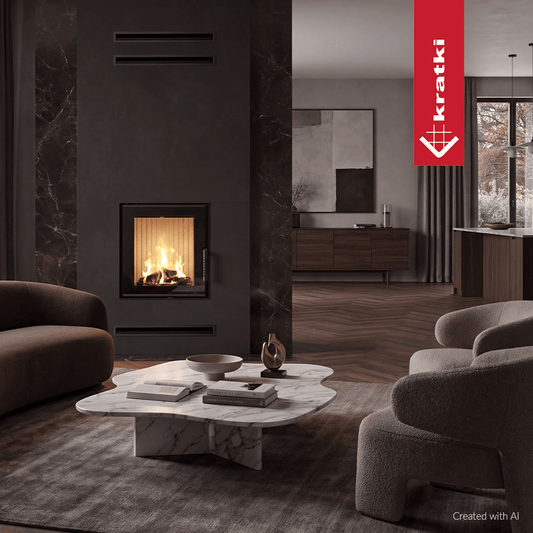 Kratki Lawa inbouwhaard met brandend vuur in stijlvolle woonkamer met marmeren wand en zitmeubels.