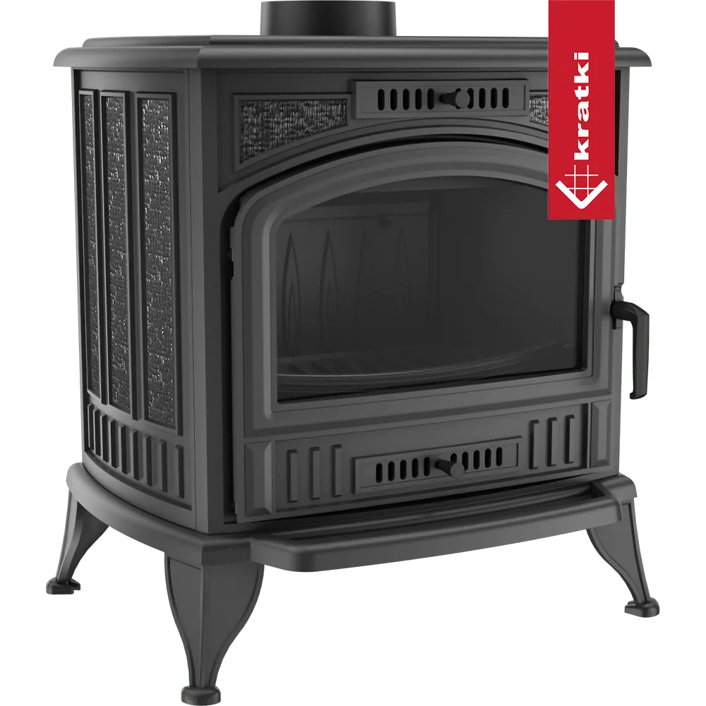 Zwarte, klassieke houtkachel Kratki K6 met glazen deur en decoratieve zijpanelen.