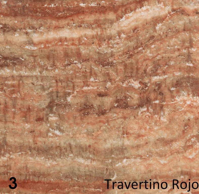 Schouw Stein variant t.b.v. vrijstaande kachel, Travertino Rojo, met rood en beige aderen.