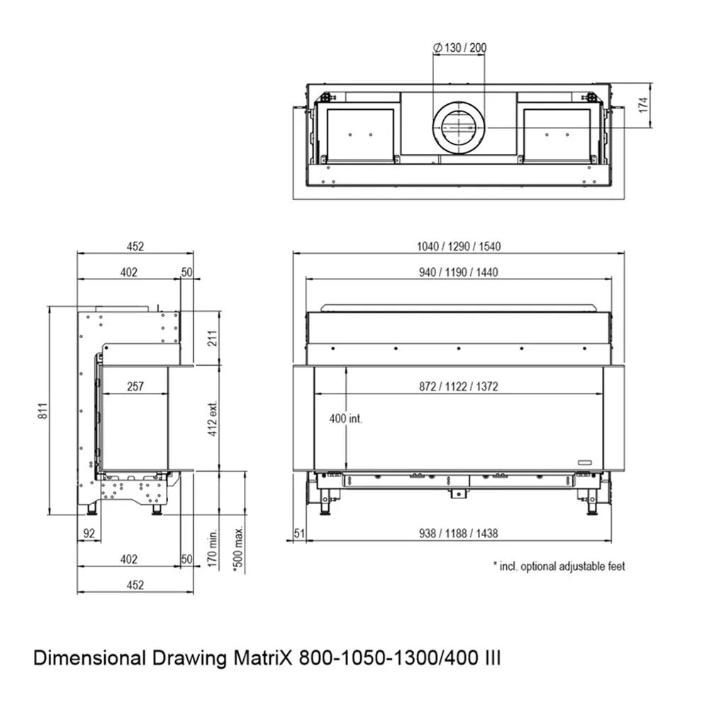 Technische tekening van Faber MatriX 800/400 III 3-zijdig met gedetailleerde afmetingen.