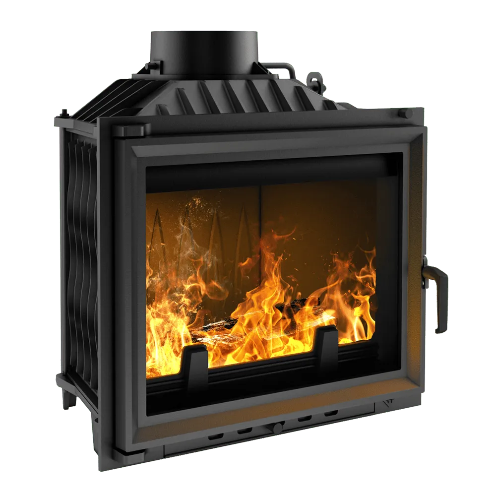 Kratki Antek houtkachel met brandend vuur, zwart metalen frame en glazen deur.
