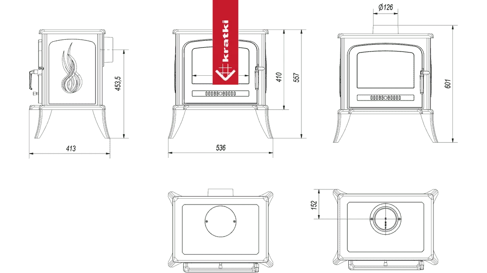 Technische tekening van Kratki K7 houtkachel met afmetingen en verschillende aanzichten.