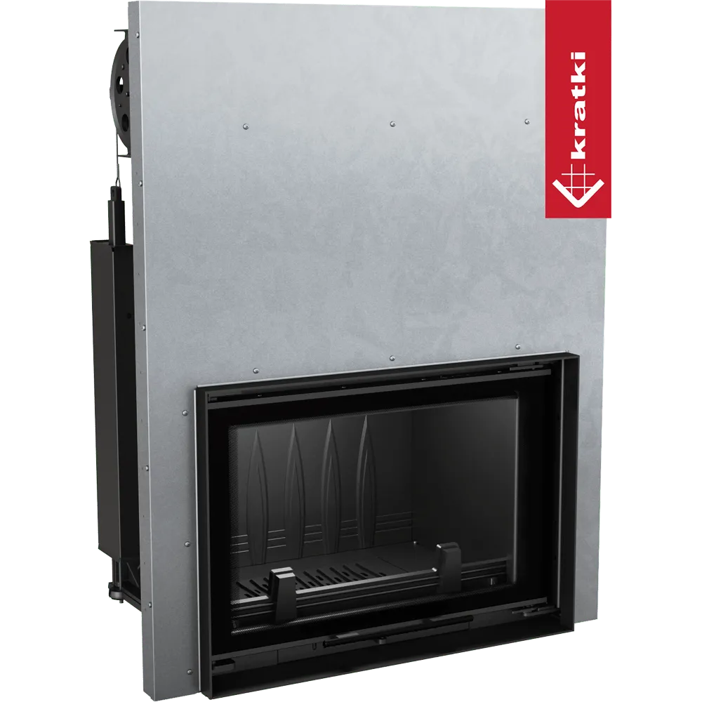 Kratki Oliwia inbouwhaard met metalen behuizing en groot glazen venster voor houtverbranding.