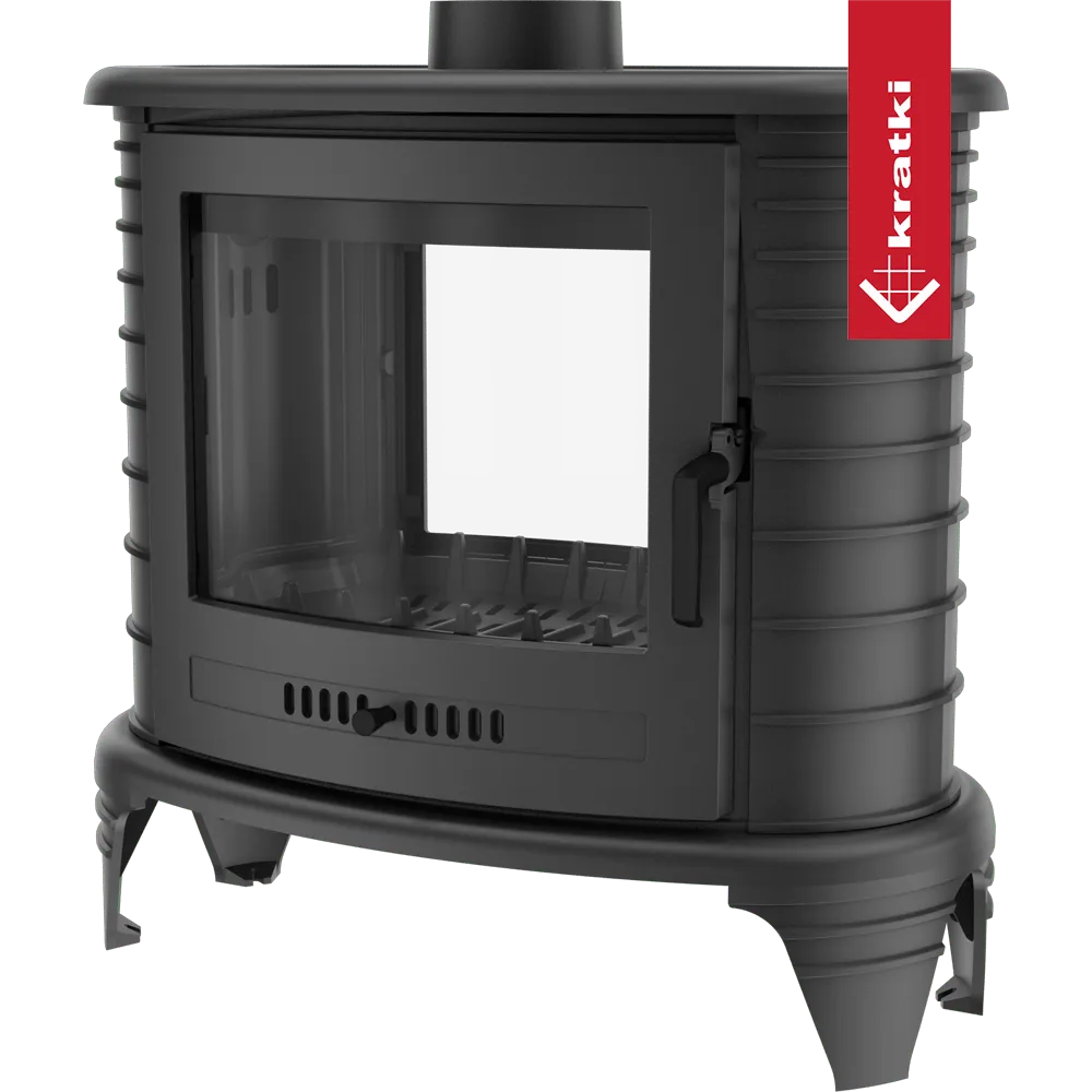 Zwarte Kratki K8 Tunnel houtkachel met glazen deur en ventilatierooster, merklabel aan zijkant.