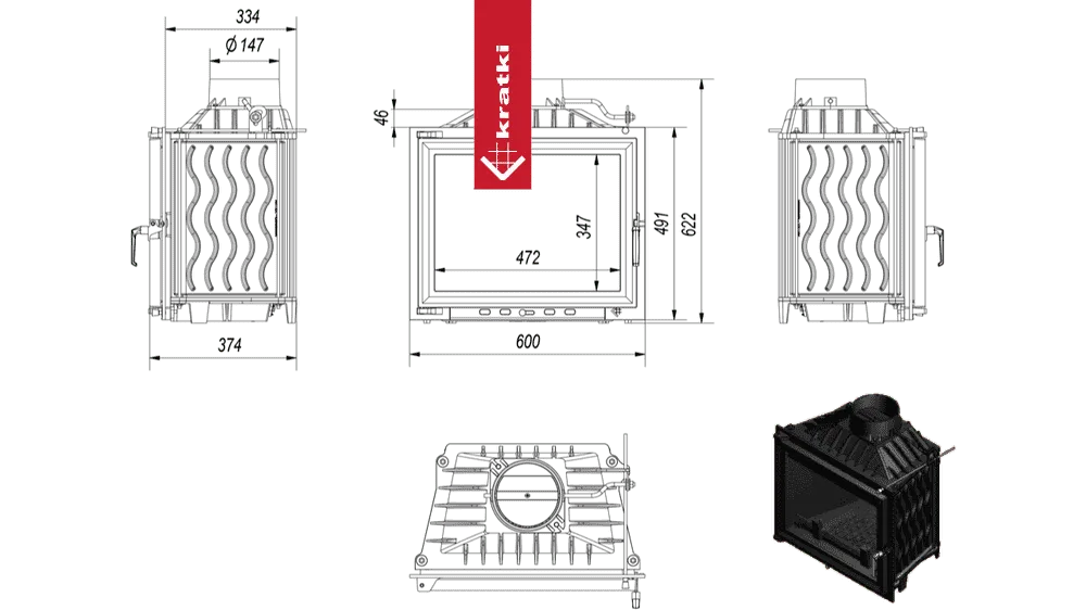 Technische tekening en afmetingen van Kratki Antek houtkachel met zij- en bovenaanzicht.