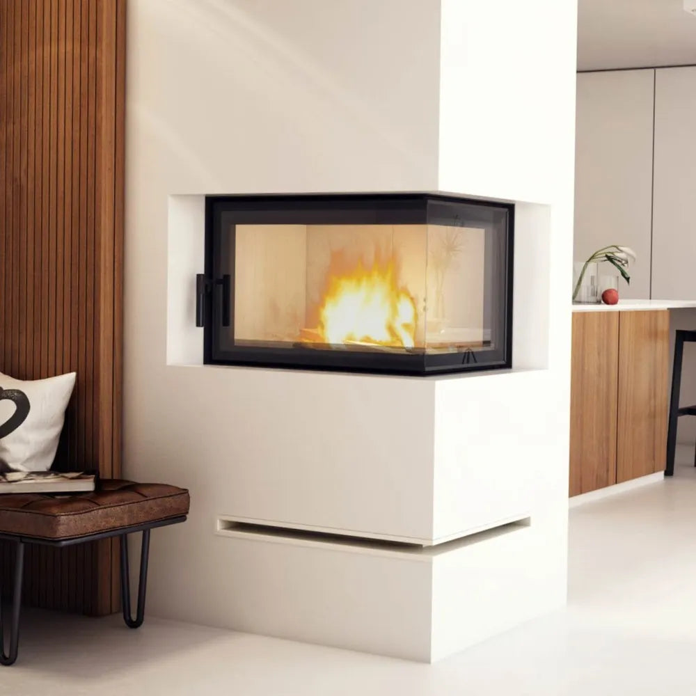 Kratki MBO CV Rechts ingebouwde hoekhaard in moderne woonkamer met houten en witte elementen.