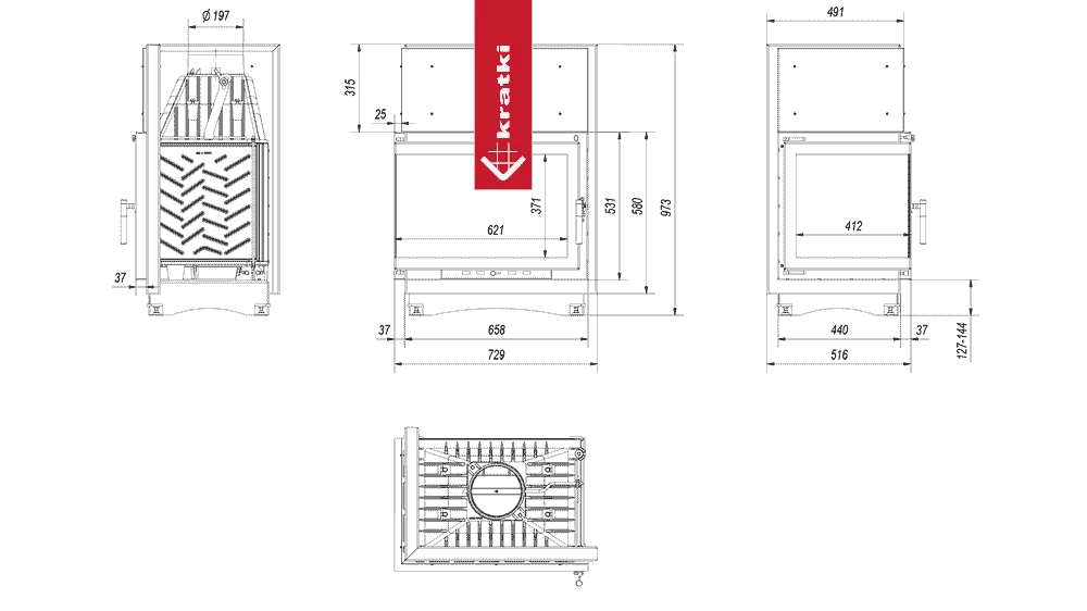 Technische tekening van Kratki Zuzia Links met gedetailleerde afmetingen en specificaties.