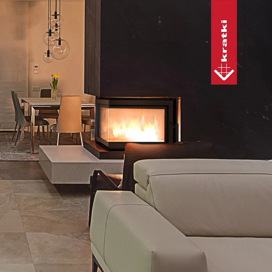 Kratki Maja haard ingebouwd in moderne woonkamer met eettafel en bank