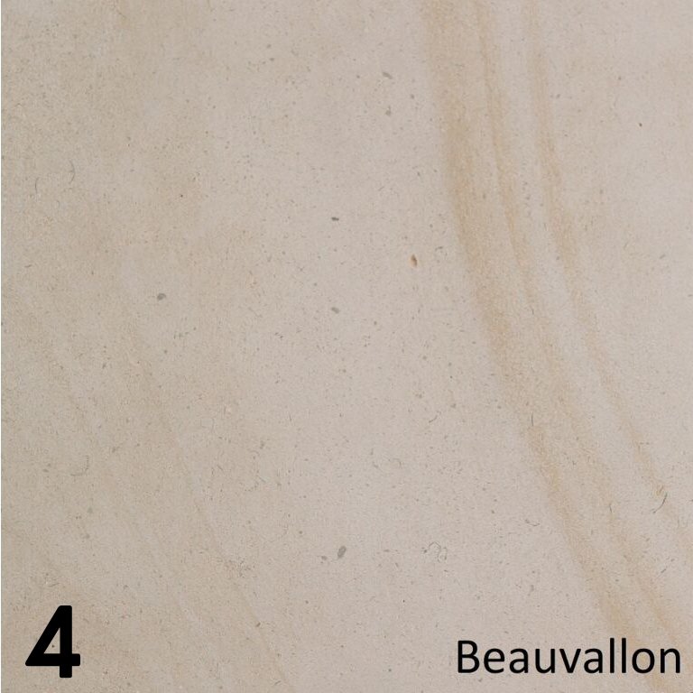 Schouw Stein variant t.b.v. vrijstaande kachel, beige steen met subtiele aders, nummer 4, Beauvallon.