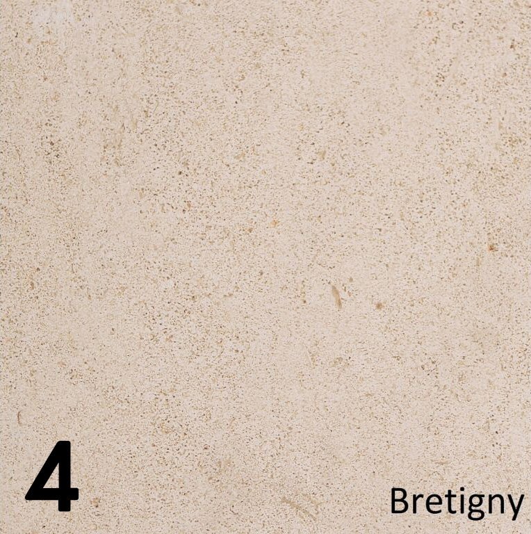 Schouw Stein variant t.b.v. vrijstaande kachel, beige textuur met nummer 4 en tekst "Bretigny".