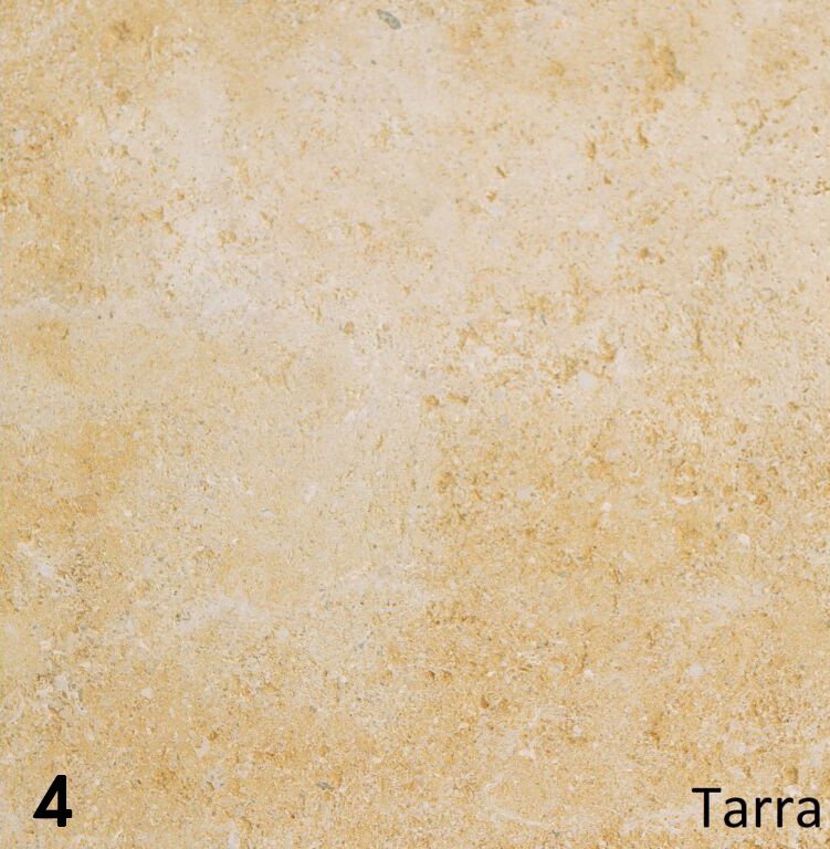 Schouw Stein variant t.b.v. vrijstaande kachel, beige steen met lichte textuur, gemarkeerd als "Tarra".