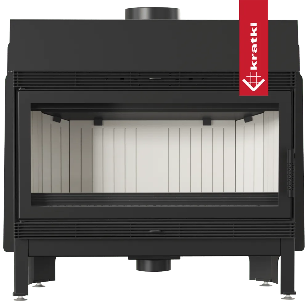 Kratki Blanka 910 houtkachel met zwart frame en witte binnenkant, modern en strak ontwerp.