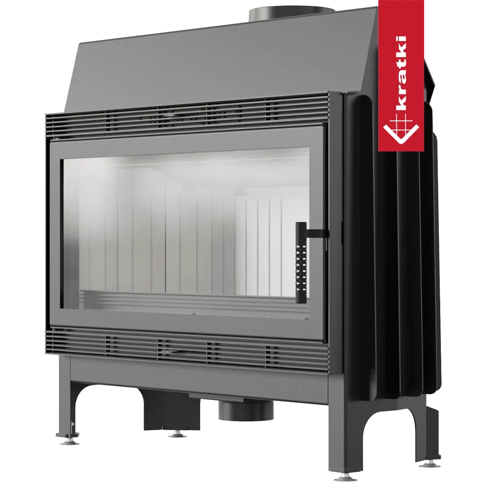 Kratki Blanka 910 houtkachel met groot glazen venster en modern ontwerp.