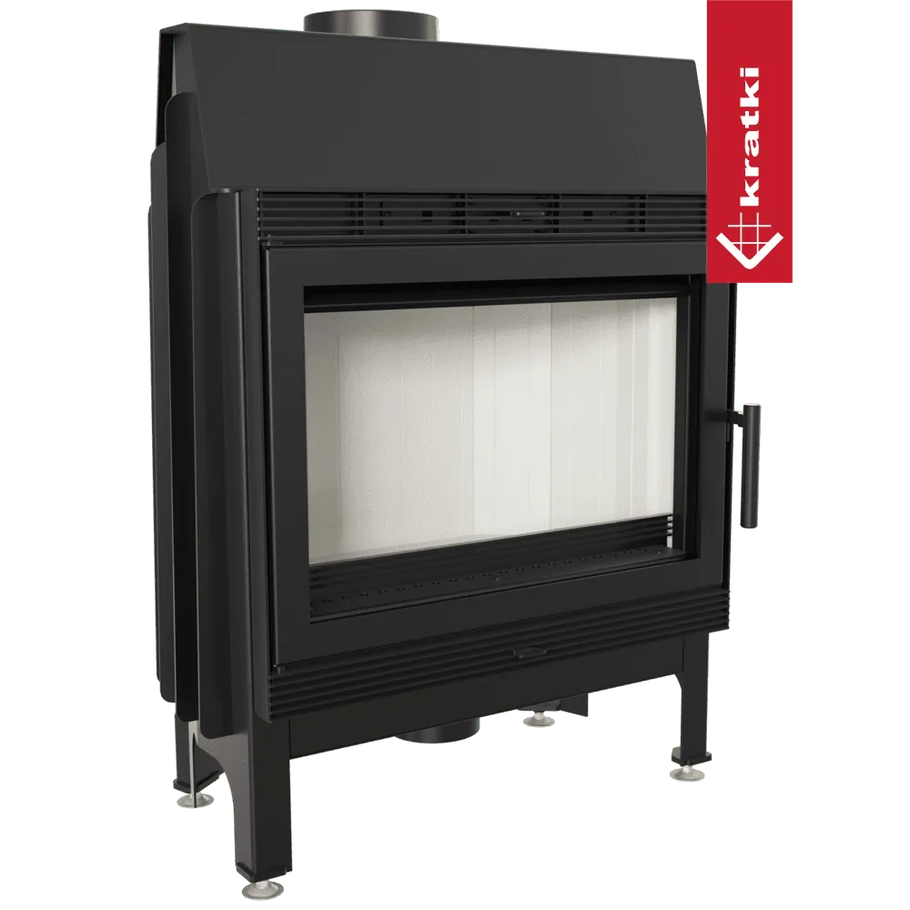 Zwarte Kratki Blanka 670/570 houtkachel met glazen deur en metalen handvat.