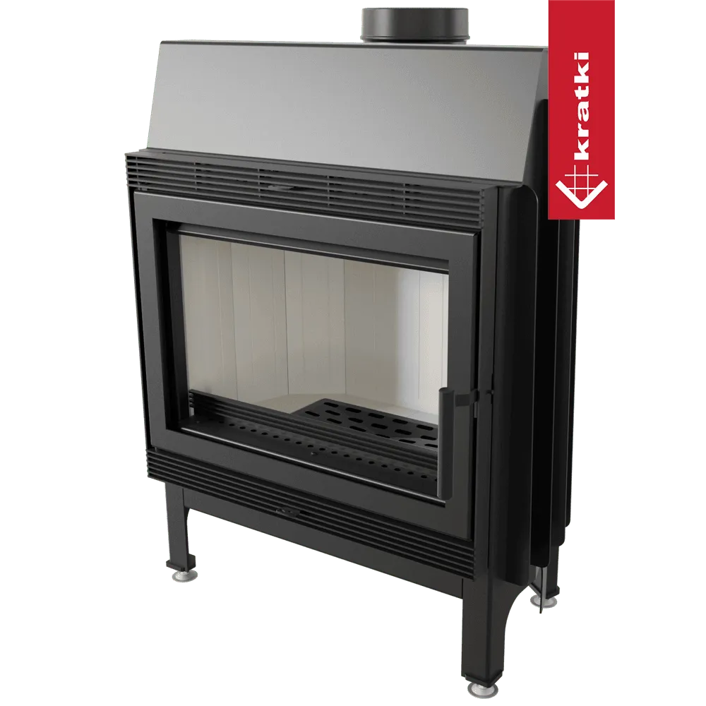 Zwarte houtkachel Kratki Blanka 670/570 met glazen deur en metalen frame.