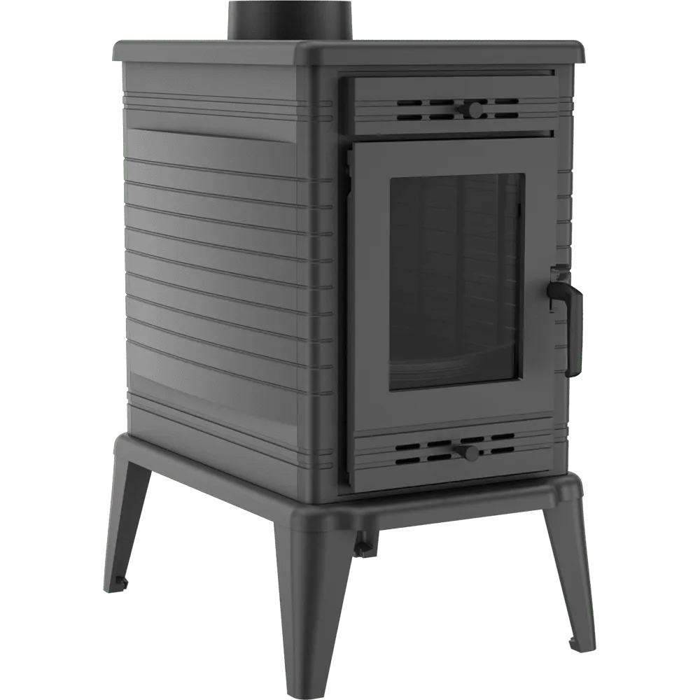 Zwarte Kratki K10 houtkachel met glazen deur en ventilatierooster, op vier stevige poten.