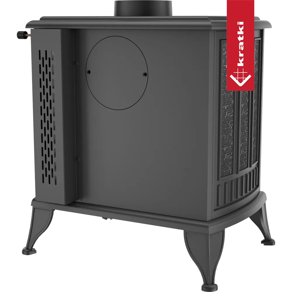 Zwarte houtkachel Kratki K6 met sierlijke poten en ventilatieopeningen aan de zijkant.