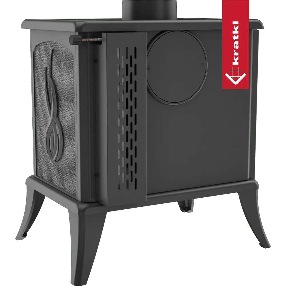 Zwarte Kratki K7 houtkachel met decoratief patroon en ventilatieopeningen aan de zijkant.