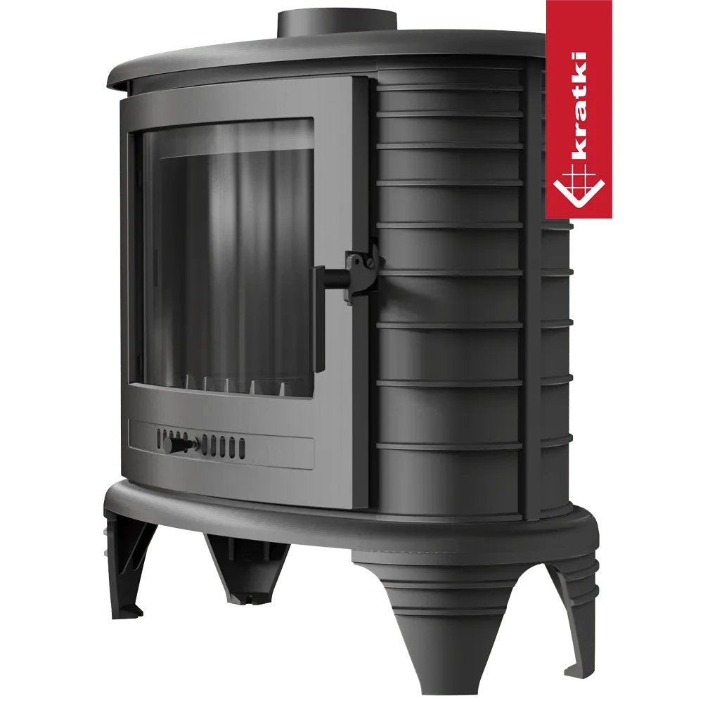 Zwarte Kratki K8 houtkachel met glazen deur en robuust ontwerp.