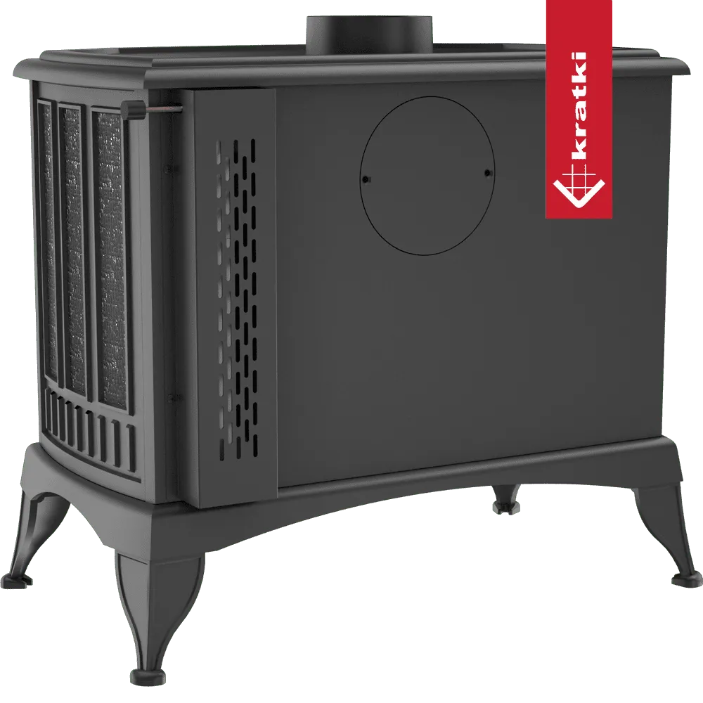 Zwarte Kratki K9 houtkachel met glazen deur en ventilatieopeningen aan de zijkant.