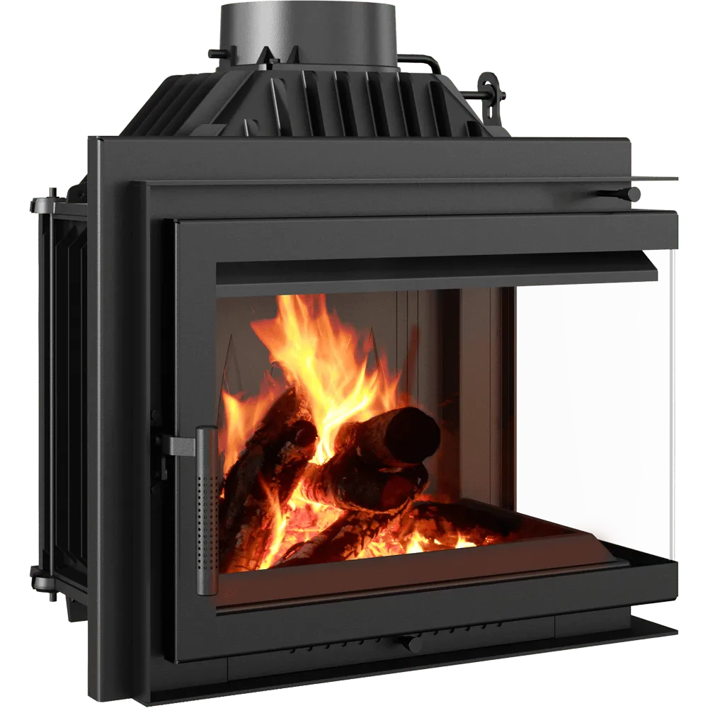 Kratki Simple M 10 kW Rechts, moderne houtkachel met glazen zijpaneel en zichtbare vlammen.