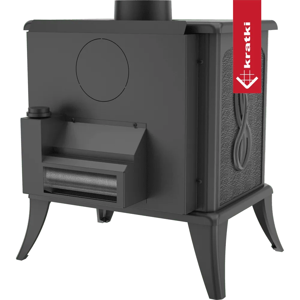 Zwarte houtkachel Kratki K7 met decoratieve zijkanten en een robuust ontwerp.