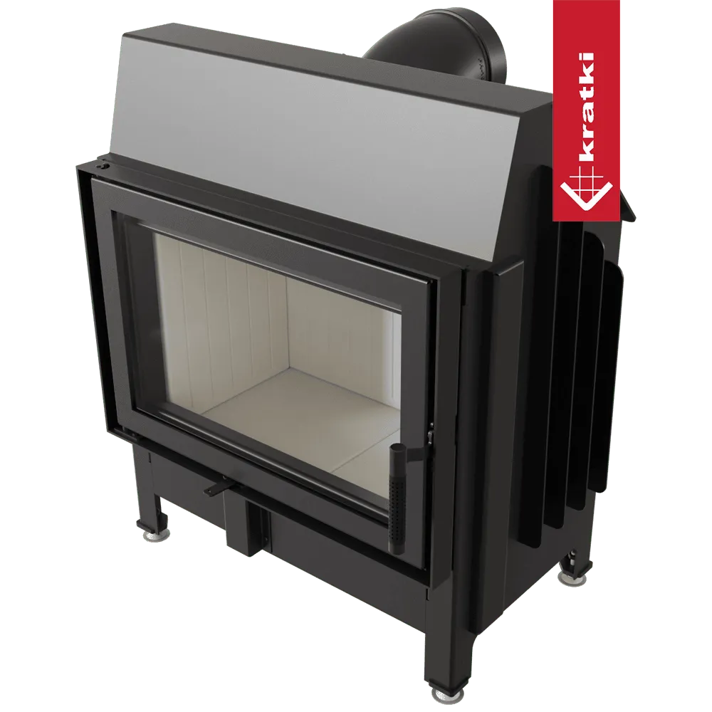 Kratki Zibi houtkachel met glazen deur en zwart metalen frame, modern en strak ontwerp.